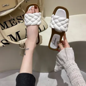 Summer Women Casual Twist Woven Flat PVC Slippers Plaid