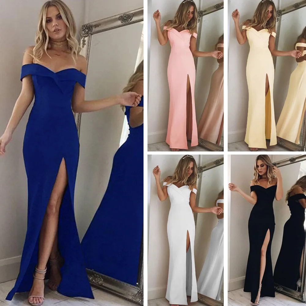Women Elegant Off-Shoulder Side Split Maxi Dress
