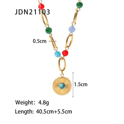 Women Fashion Turquoise Round Bead Stainless Steel Ball Chain Necklace
