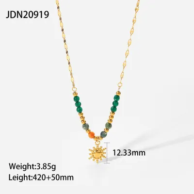 Women Fashion Turquoise Round Bead Stainless Steel Ball Chain Necklace