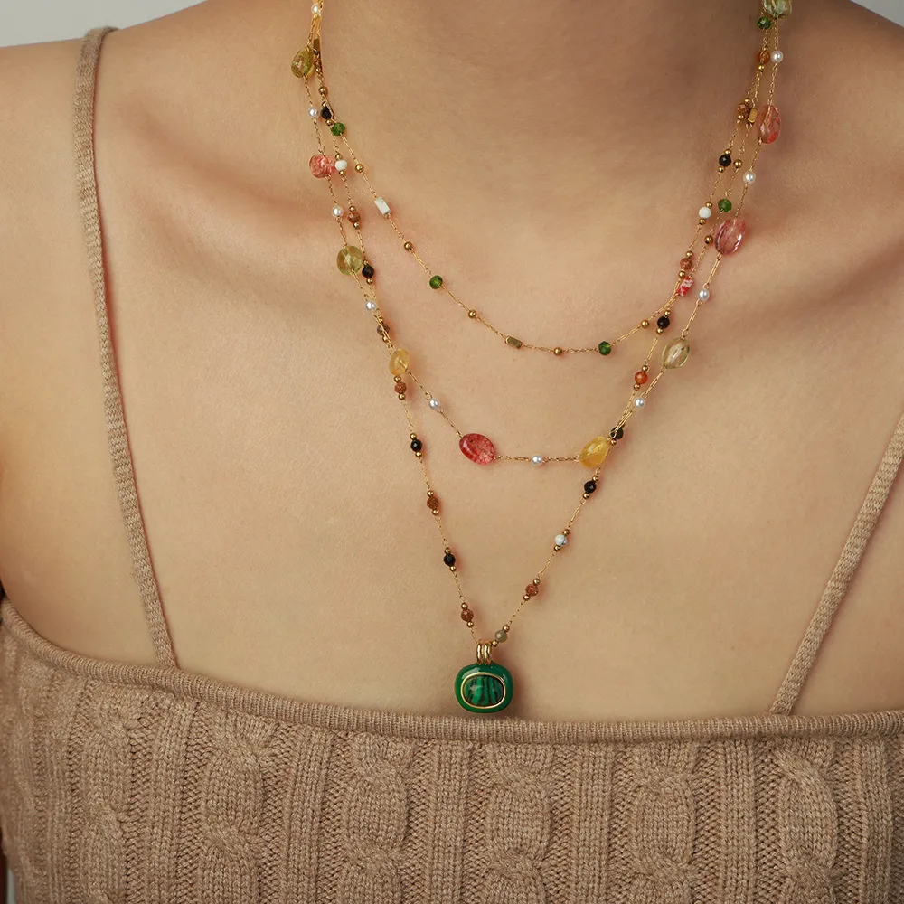 Women's Fashion Multicolor Natural Stone Beaded Titanium Steel Necklace Simple Geometry Chain