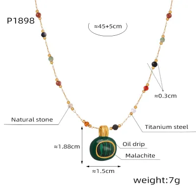 Women's Fashion Multicolor Natural Stone Beaded Titanium Steel Necklace Simple Geometry Chain