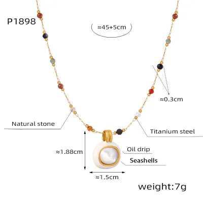 Women's Fashion Multicolor Natural Stone Beaded Titanium Steel Necklace Simple Geometry Chain