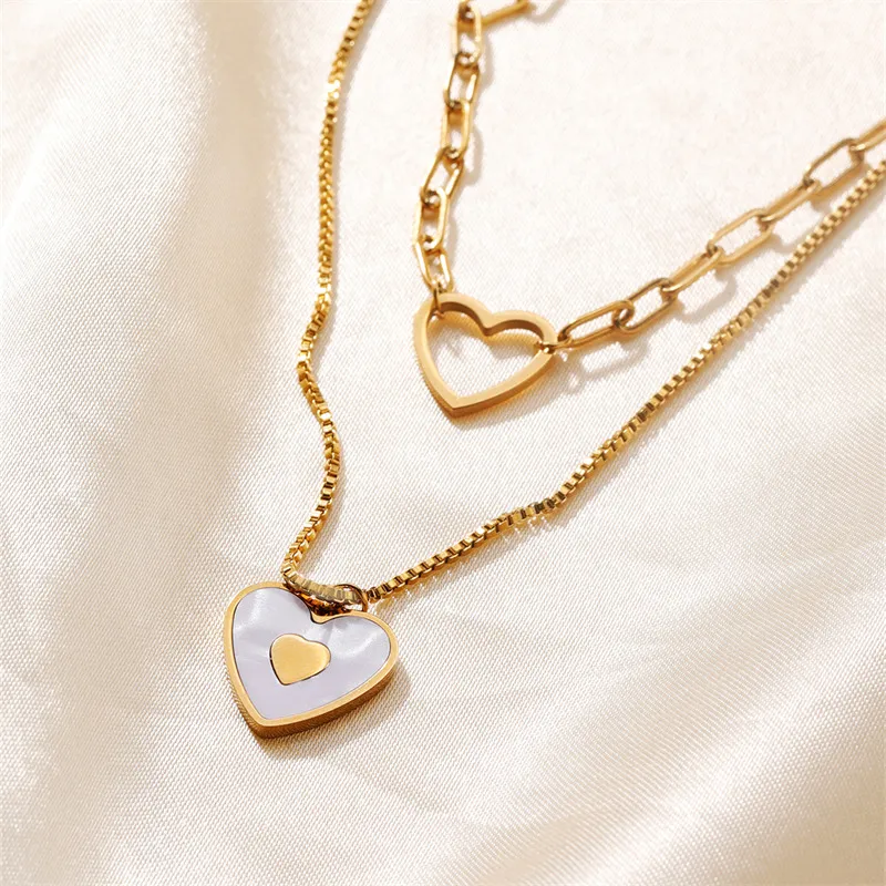 Women Fashion Multi-Layer Heart-Shaped Hollow Stainless Steel Necklace