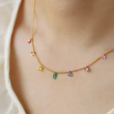 Women Fashion Multicolor Zircon Titanium Steel Geometric Necklace
