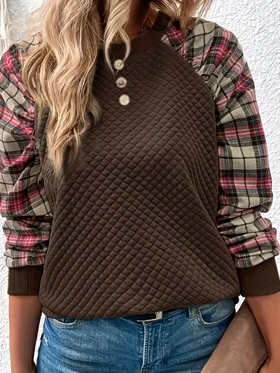 Women's Plaid Geometric Pattern Long Sleeve Crewneck Sweatshirt