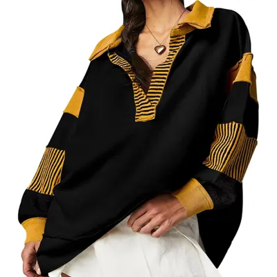 Loose V-Neck Casual Long-Sleeved Pullover Split Stitching Women Stripe Lapel Sweatshirt