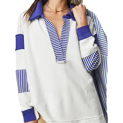 Loose V-Neck Casual Long-Sleeved Pullover Split Stitching Women Stripe Lapel Sweatshirt