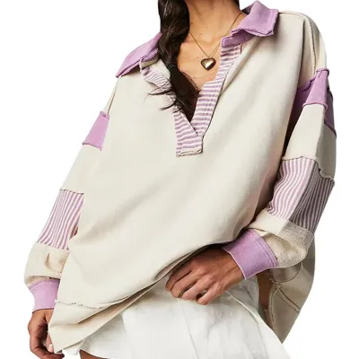 Loose V-Neck Casual Long-Sleeved Pullover Split Stitching Women Stripe Lapel Sweatshirt