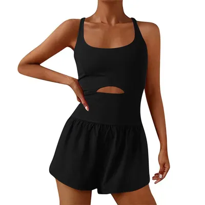 Women Solid Color Sports U Neck Rompers