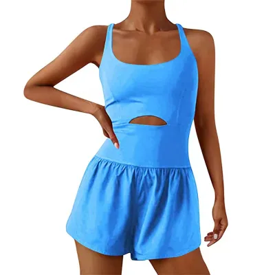 Women Solid Color Sports U Neck Rompers