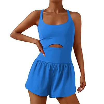 Women Solid Color Sports U Neck Rompers