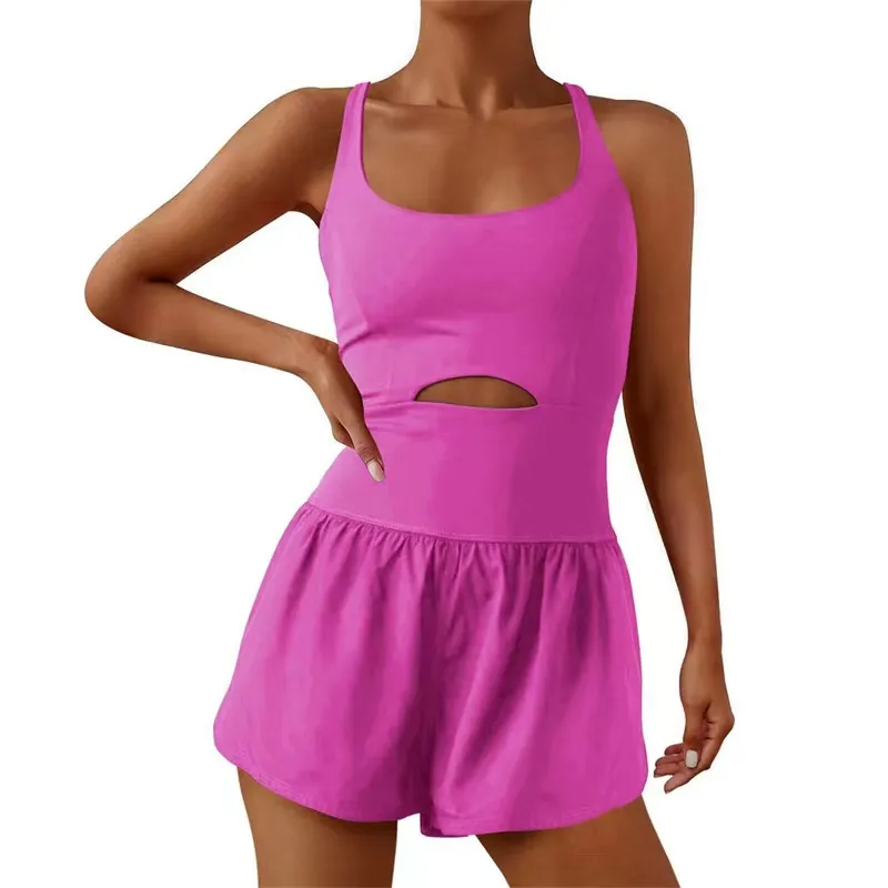 Women Solid Color Sports U Neck Rompers