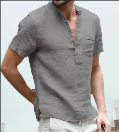 Summer Cotton Linen Short-Sleeved Men Button V Neck T-Shirt