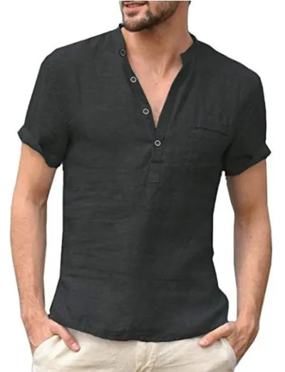 Summer Cotton Linen Short-Sleeved Men Button V Neck T-Shirt
