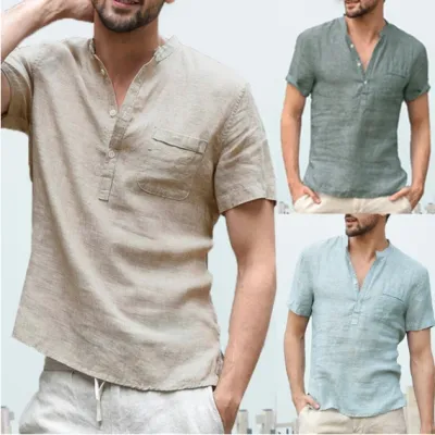 Summer Cotton Linen Short-Sleeved Men Button V Nek T-Shirt