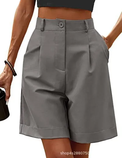 Women Summer Thin High Waist Loose Straight Casual Mid-Length Breathable Wide-Leg Shorts
