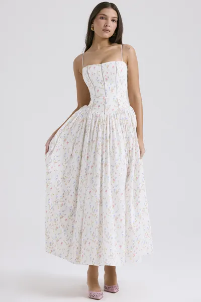Women Elegant Spaghetti Strap Tiny Flower Maxi Dress