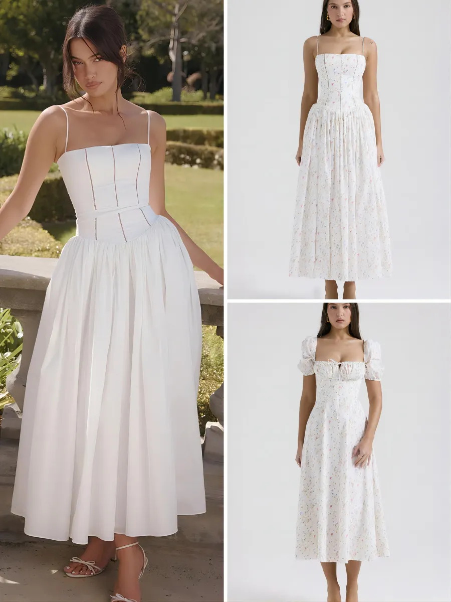 Women Elegant Spaghetti Strap Tiny Flower Maxi Dress
