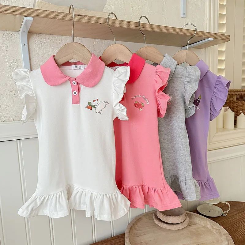 Kids Toddler Girls Sweet Cute Polo Neck Printing Ruffled Cotton Dress