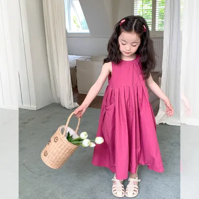 Kids Toddlers Girls Fashion Solid Color Zipper Sleeveless Princess Large Swing Dress 3-14T