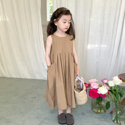 Kids Toddlers Girls Fashion Solid Color Zipper Sleeveless Princess Large Swing Dress 3-14T