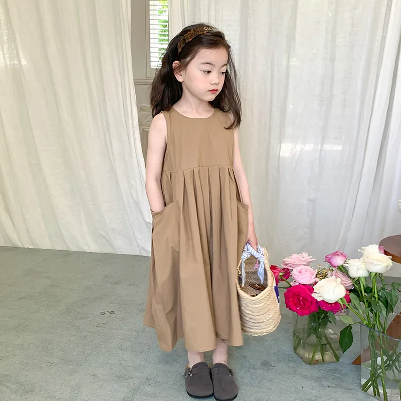 Kids Toddlers Girls Fashion Solid Color Zipper Sleeveless Princess Large Swing Dress 3-14T
