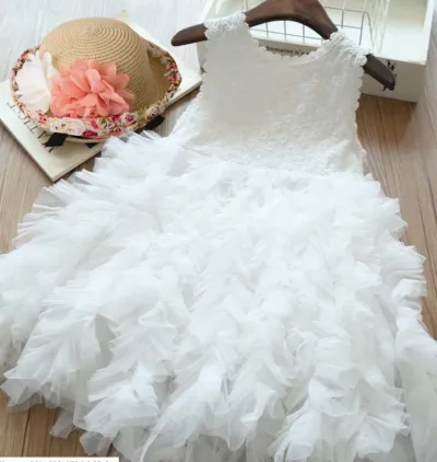 Kids Girls Fashion Solid Color Sleeveless Lace Gauzy Puffy Pleated Dress