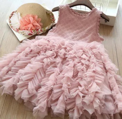 Kids Girls Fashion Solid Color Sleeveless Lace Gauzy Puffy Pleated Dress