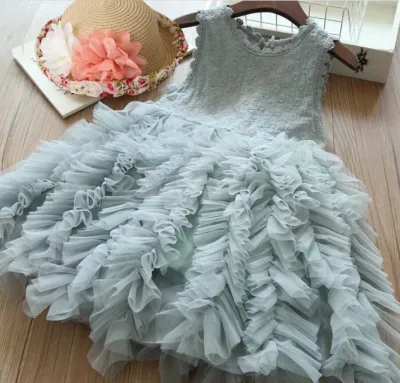 Kids Girls Fashion Solid Color Sleeveless Lace Gauzy Puffy Pleated Dress