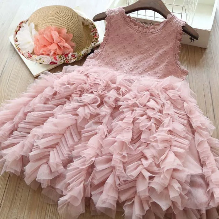 Kids Girls Fashion Solid Color Sleeveless Lace Gauzy Puffy Pleated Dress