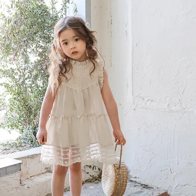 Kids Toddlers Girls Sweet V Neck Lace Pleated Sleeveless Cotton Dress