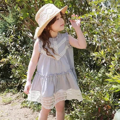 Kids Toddlers Girls Sweet V Neck Lace Pleated Sleeveless Cotton Dress