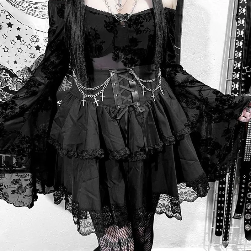 Halloween Women Gothic Fashion High Waist Strap Cross Chain Punk Style Lace Skirt