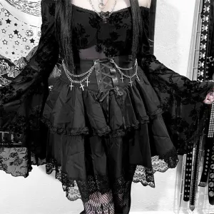 Halloween Women Gothic Fashion High Waist Strap Cross Chain Punk Style Lace Skirt