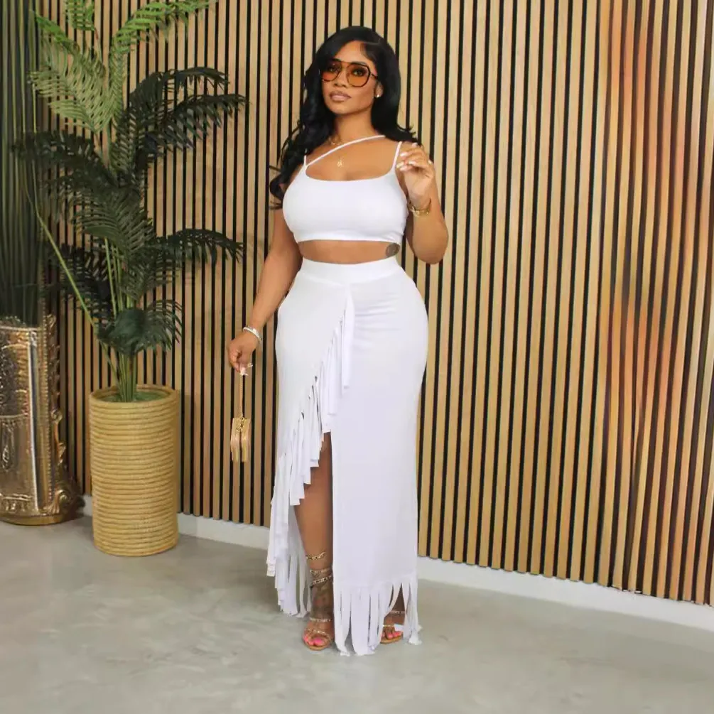 Women Fashion Sexy Solid Color Camisole Top Tassel Split Skirt Two-Piece Set