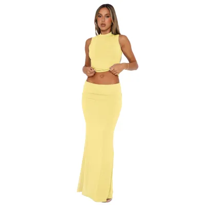 Summer Women Solid Color Round Neck Sleeveless Crop Top Skirt Two-Piece Set