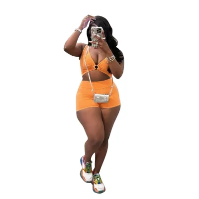 Summer Women Fashion Solid Color V-Neck Camisole Shorts Two-Piece Set