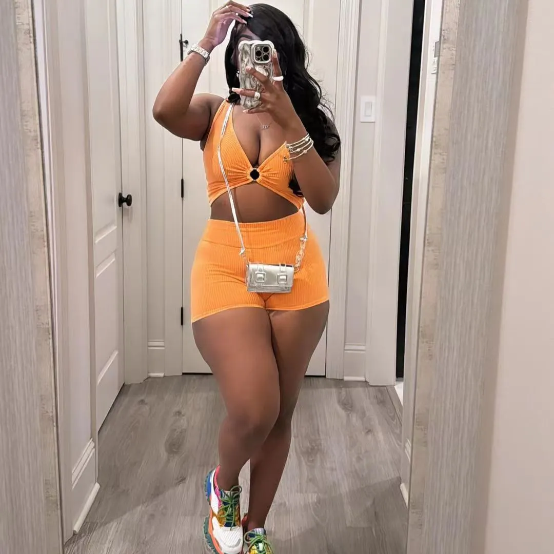 Summer Women Fashion Solid Color V-Neck Camisole Shorts Two-Piece Set
