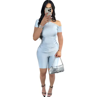 Summer Women Fashion Solid Color Oblique Shoulder Short Sleeve Top Shorts Two-Piece Set