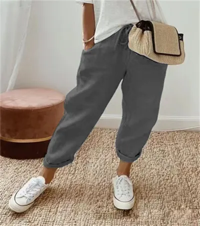 Women Casual Stripe Floral Print Drawstring Cropped Pants