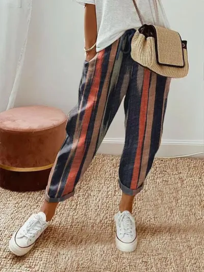 Women Casual Stripe Floral Print Drawstring Cropped Pants