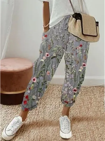 Women Casual Stripe Floral Print Drawstring Cropped Pants