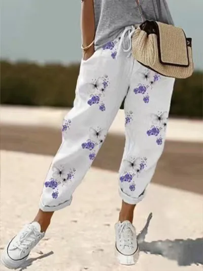 Women Casual Stripe Floral Print Drawstring Cropped Pants
