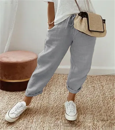 Women Casual Stripe Floral Print Drawstring Cropped Pants