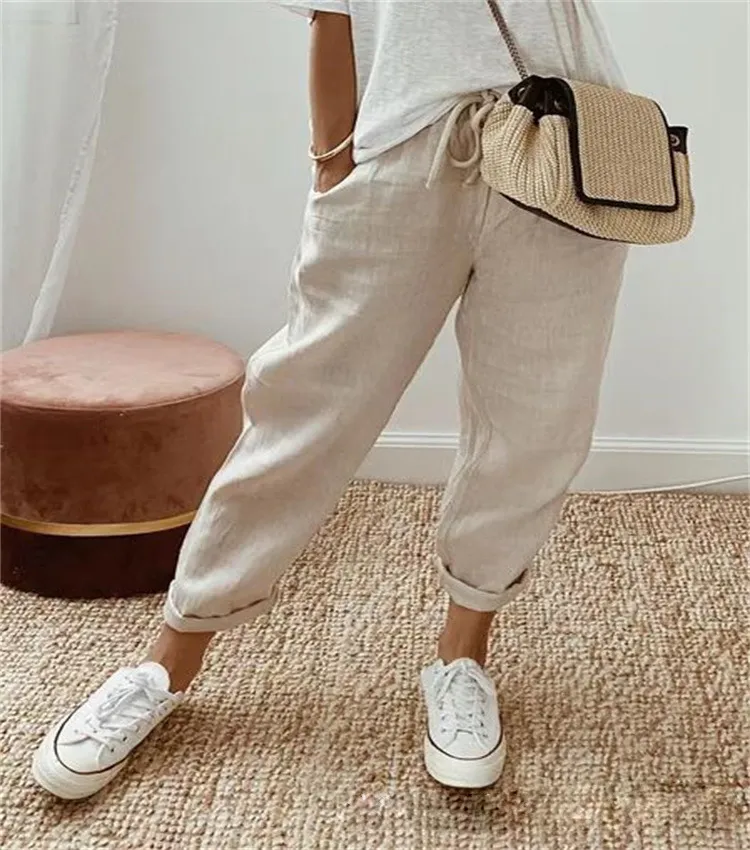 Women Casual Stripe Floral Print Drawstring Cropped Pants