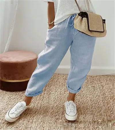 Women Casual Stripe Floral Print Drawstring Cropped Pants