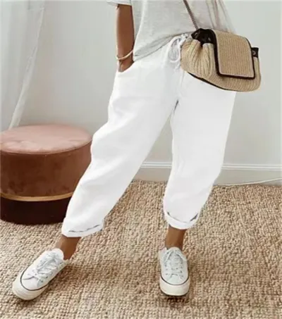 Women Casual Stripe Floral Print Drawstring Cropped Pants
