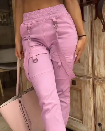 Summer Women Fashion Solid Color Strap Elastic Jogger Cargo Overalls Pants