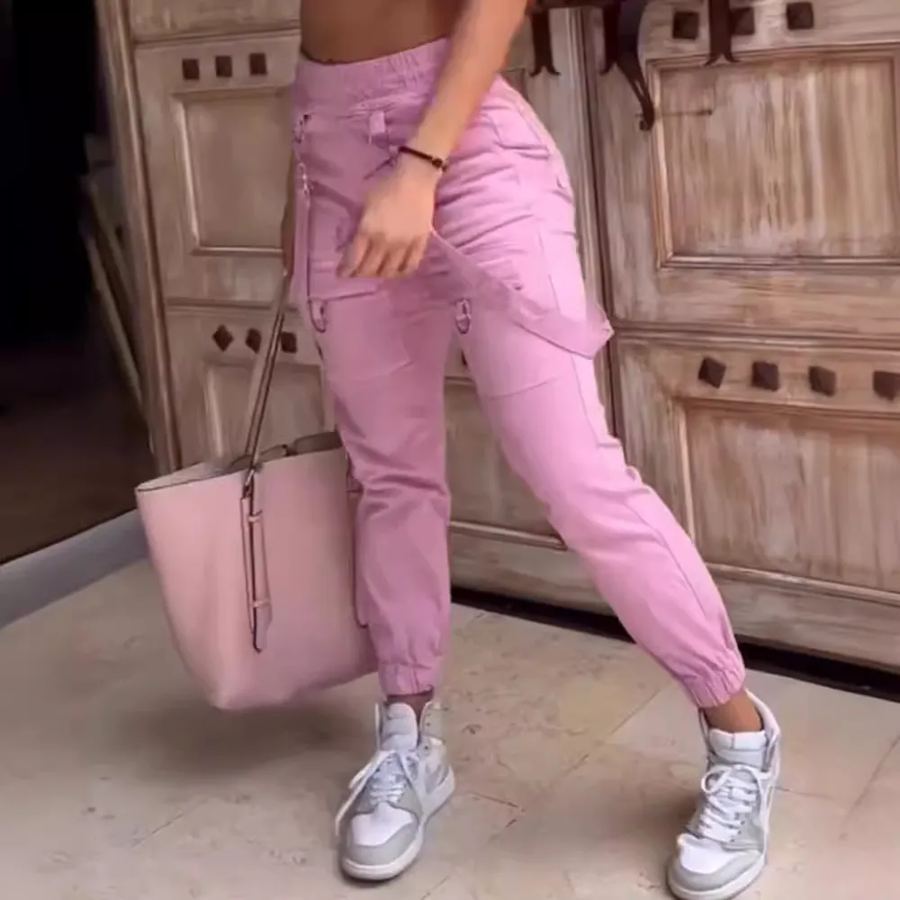 Summer Women Fashion Solid Color Strap Elastic Jogger Cargo Overalls Pants